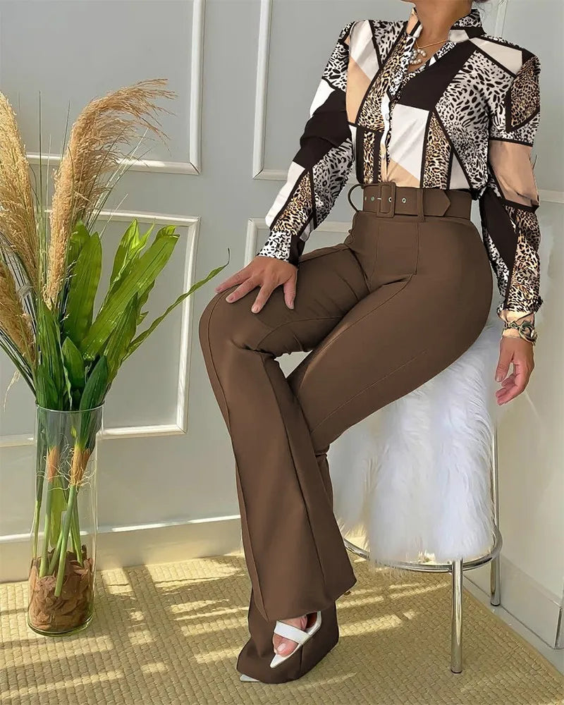 Ensemble 2 pièces pantalon et chemisier à ceinture pour femme, streetwear féminin, tenues décontractées, polyvalent, imbibé, mode, automne, hiver, nouveau, 2023