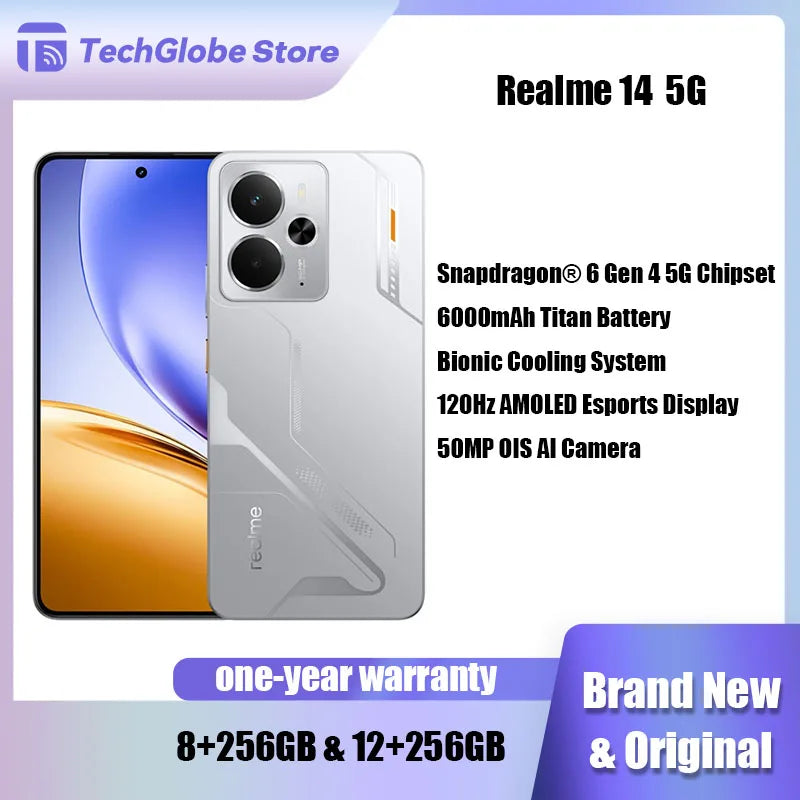 Realme 14 5G Smartphone Snapdragon 6 Gen 4 Chipset 120Hz 6.67 pouces AMOLED affichage 6000mAh batterie NFC Google Play téléphone portable