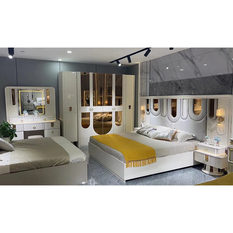 Cadre en bois de Style Royal, lit Double King Size en cuir, MDF en bois doré, ensemble de meubles de luxe pour chambre à coucher complète