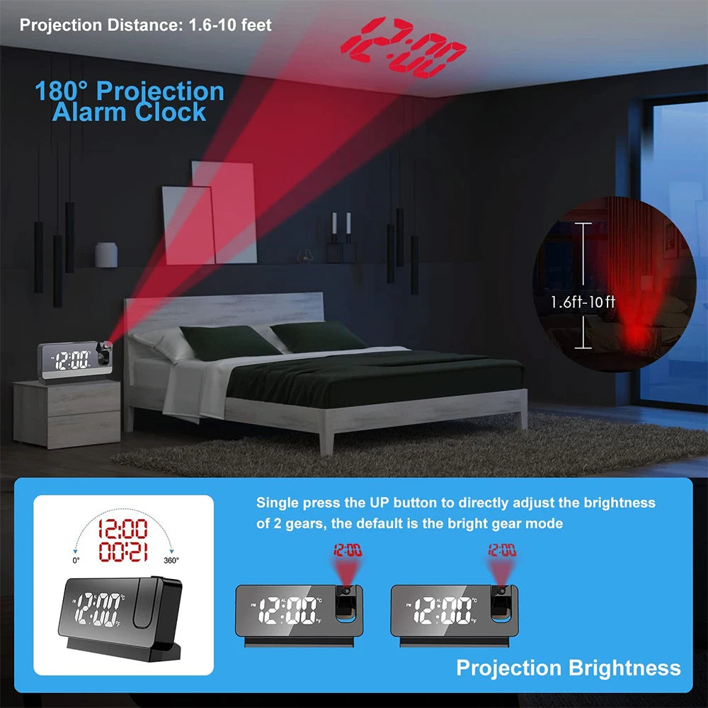 Réveil LED rotatif à 2022 °, Projection numérique, USB, créatif, affichage de la température, pour chambre à coucher, bureau, nouveauté 180