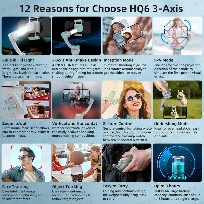 Cardan AXNEN HQ6 pour smartphone, cardan portable 3 axes, avec suivi intelligent, lumière de remplissage, zoom, stabilisateur pour iPhone Android
