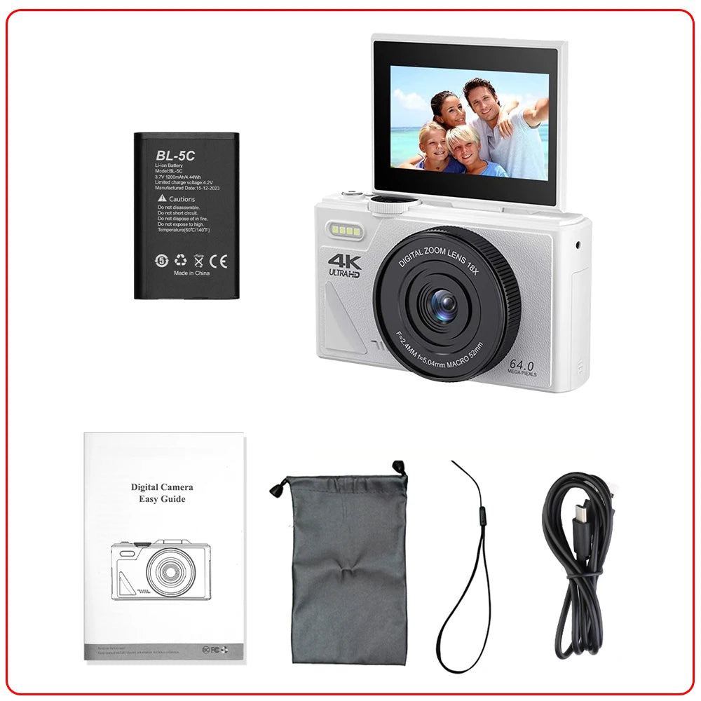 Appareil photo de photographie numérique compacte, Zoom numérique 4K 18X, enregistreur vidéo Vlog Vintage YouTube 180 °   Caméra Web WiFi Selfile à écran rabattable