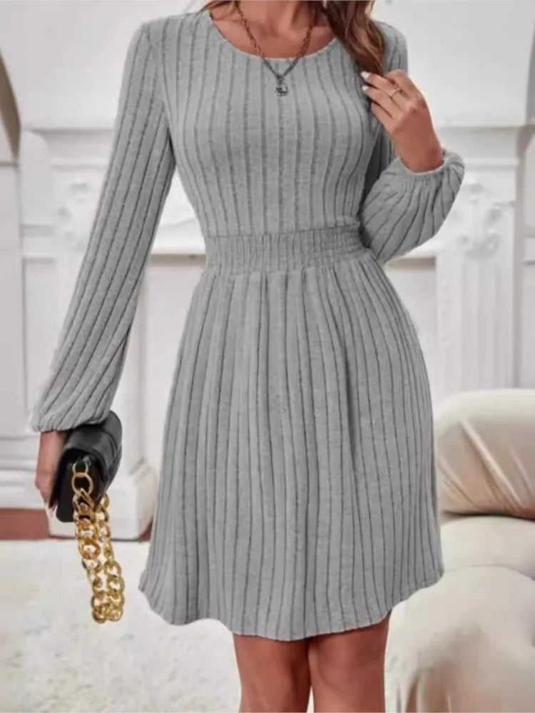Printemps automne femmes nouveau Style Pit Bar col rond à la mode petite lanterne poignets tirant dos taille a-ligne robe mi-longue