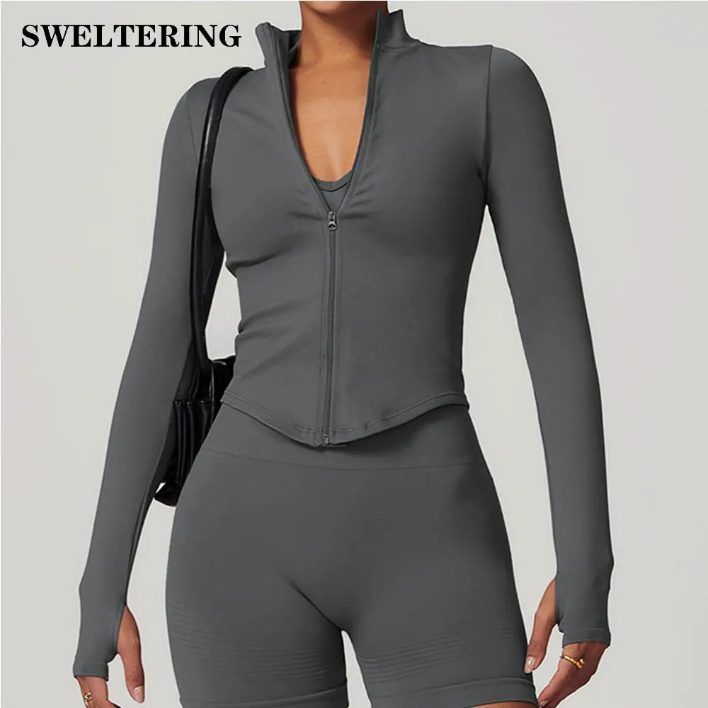 Veste à fermeture éclair pour femmes, haut court, T-shirts de Yoga, haut de Sport solide, chemises de course à manches longues, Sexy, séchage rapide, Fitness, vêtements de Sport