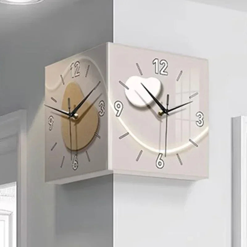 Horloge murale Double face créative salon murale coin horloges Art moderne lumière LED horloge murale décoration suspendue