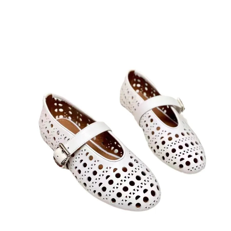 Chaussures plates découpées en cuir noir/blanc pour femme, mocassins à bout rond avec ceinture à boucle ajourée, mary janes, respirantes