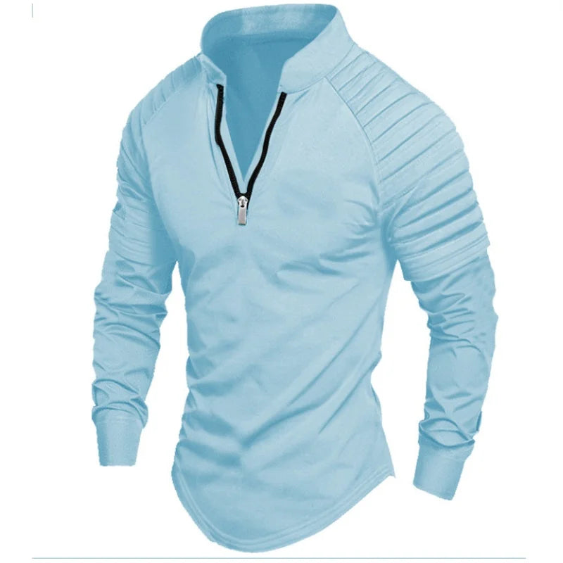 2024 Autumn men's half-zip long-sleeved Polo shirt arm pleats fashion stand-up collar top sweatshirt