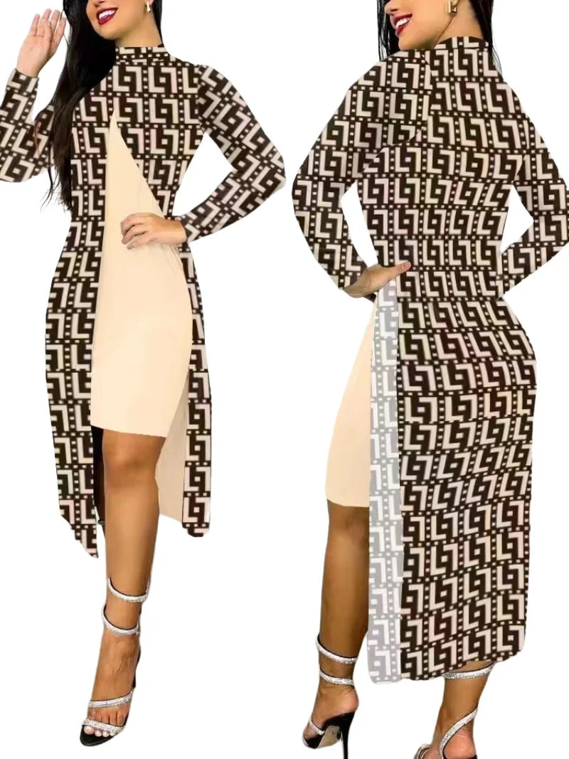 Ensemble deux pièces pour femmes, robes imprimées, manches longues, col mi-haut, Cardigan fendu, costumes élégants, ligne A, bureau, Y2k