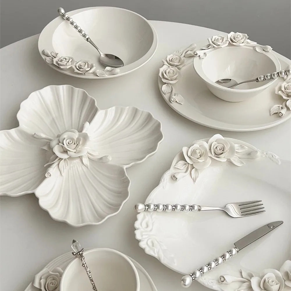 Bol à fleurs, assiette, tasse et vaisselle à main en Relief européen, ensemble pour le thé de l'après-midi à la maison, assiette d'exposition en céramique exquise