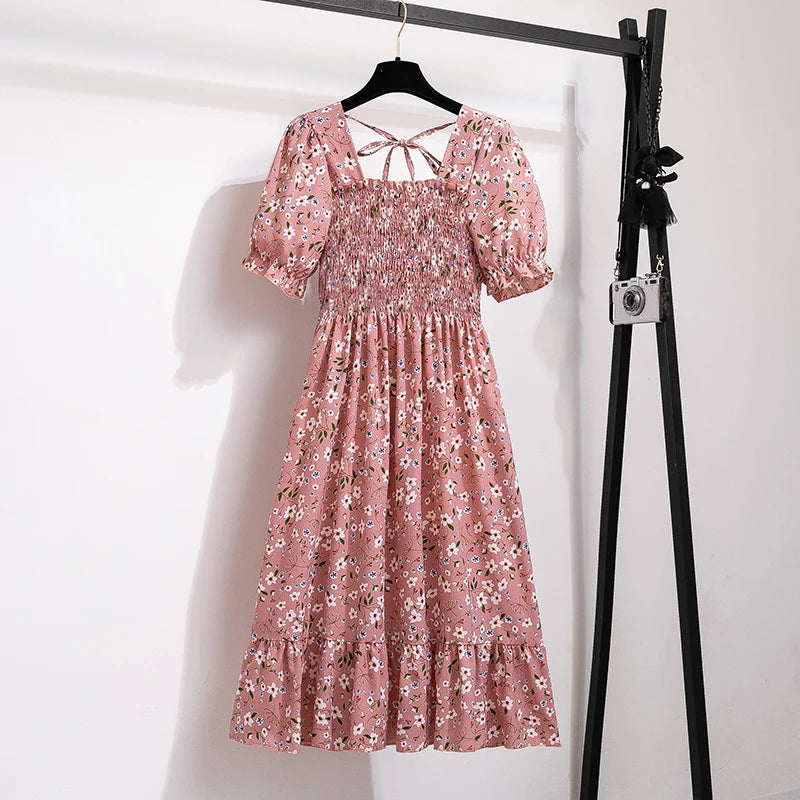 Printemps été robes en mousseline de soie mode femme taille élastique à manches courtes plissée tenue décontractée femmes robes a-ligne robes