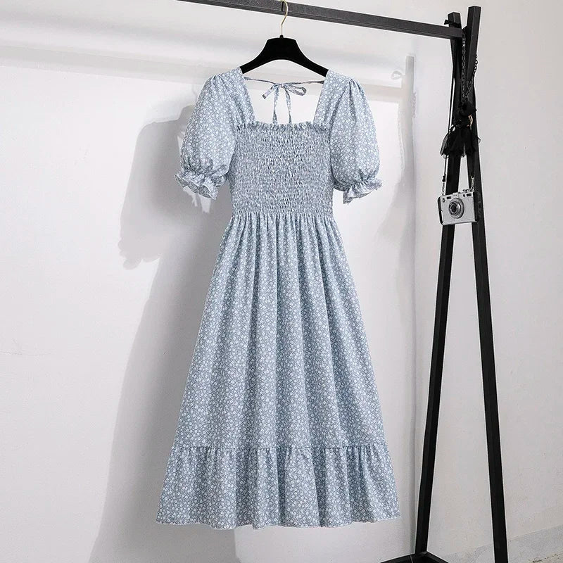 Printemps été robes en mousseline de soie mode femme taille élastique à manches courtes plissée tenue décontractée femmes robes a-ligne robes