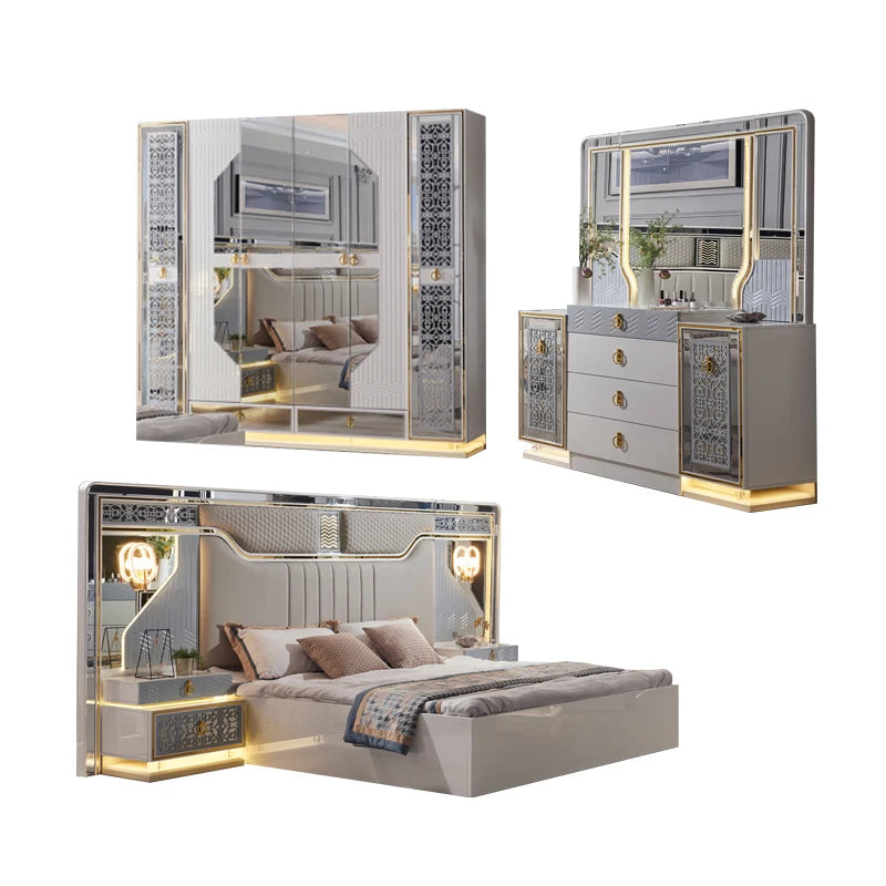 Commode de maquillage moderne en bois avec miroir à diode électroluminescente, ensemble de meubles de chambre à coucher, design de luxe