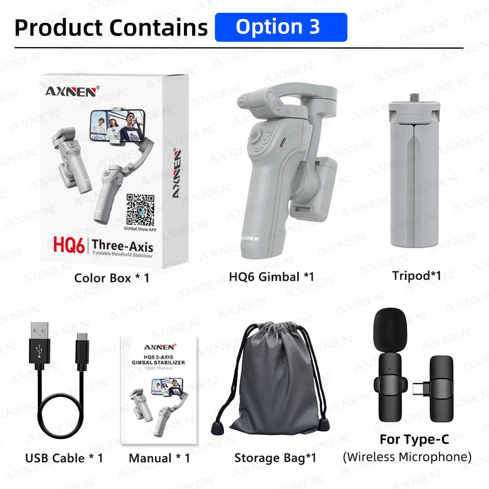 AXNEN HQ6 Gimbal à Main 3 Axes Intelligent avec Lumière de Remplissage pour iPhone, Samsung, Huawei, Xiaomi, VIVO, OPPO, Suivi du Visage, Kit TikTok et Vlog