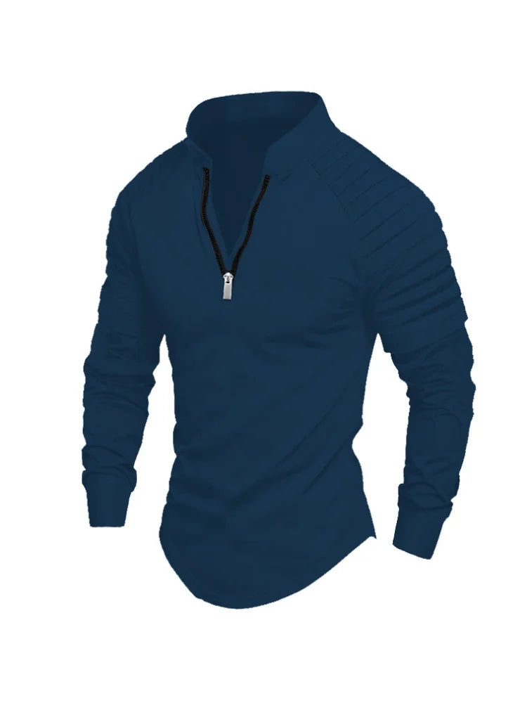 2024 Autumn men's half-zip long-sleeved Polo shirt arm pleats fashion stand-up collar top sweatshirt