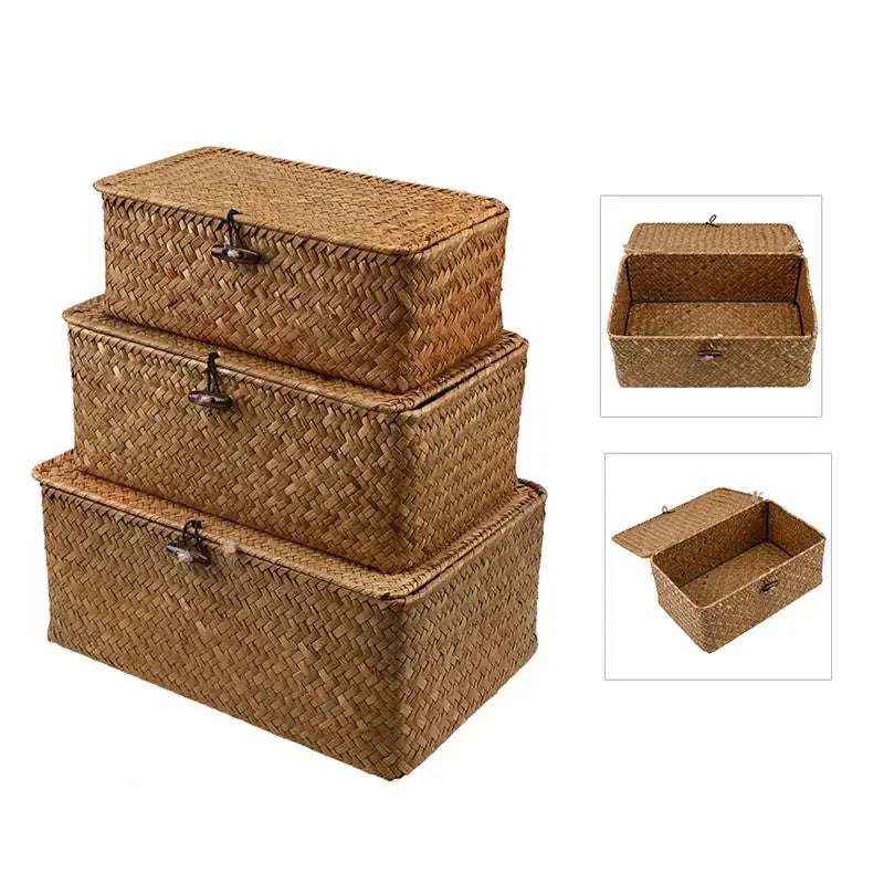 Panier de rangement tissé manuel, 1 pièce, couvercle, boîte de consolidation des débris, tri des bijoux WF1016