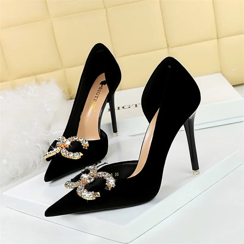 Mode femmes talon haut strass boucle arc vert rose bout pointu pompes de fête velours luxe élégant mariage chaussures de soirée