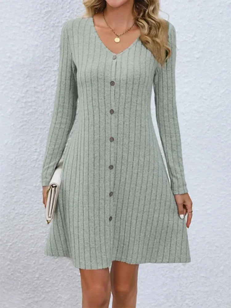 Robe boutonnée à col en v pour femmes, monochromatique, ligne a, décontractée, confortable, tendance printemps automne