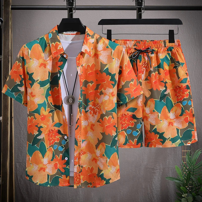 Ensemble de plage hawaïenne pour hommes Chemise à manches courtes à simple boutonnage et shorts Tenue de voyage décontractée pour vacances d’été