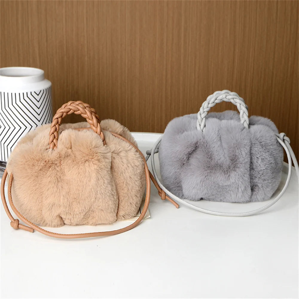 Sac à bandoulière en peluche citrouille pour femmes, fourre-tout mignon, mode automne hiver, sac à main de couleur unie, sacs à bandoulière de voyage