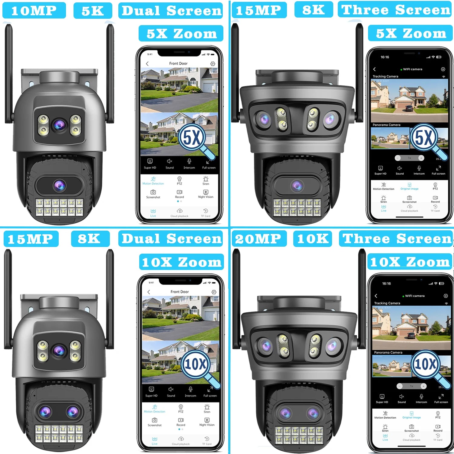 Caméra Wifi d'extérieur 20MP Caméra HD 10K à trois objectifs Caméra IP PTZ 5G Objectif zoom numérique 10X Caméra de  suivi humain AI Auto Detect Caméra de sécurité Caméra de sécurité pour la maison Caméra Wifi e