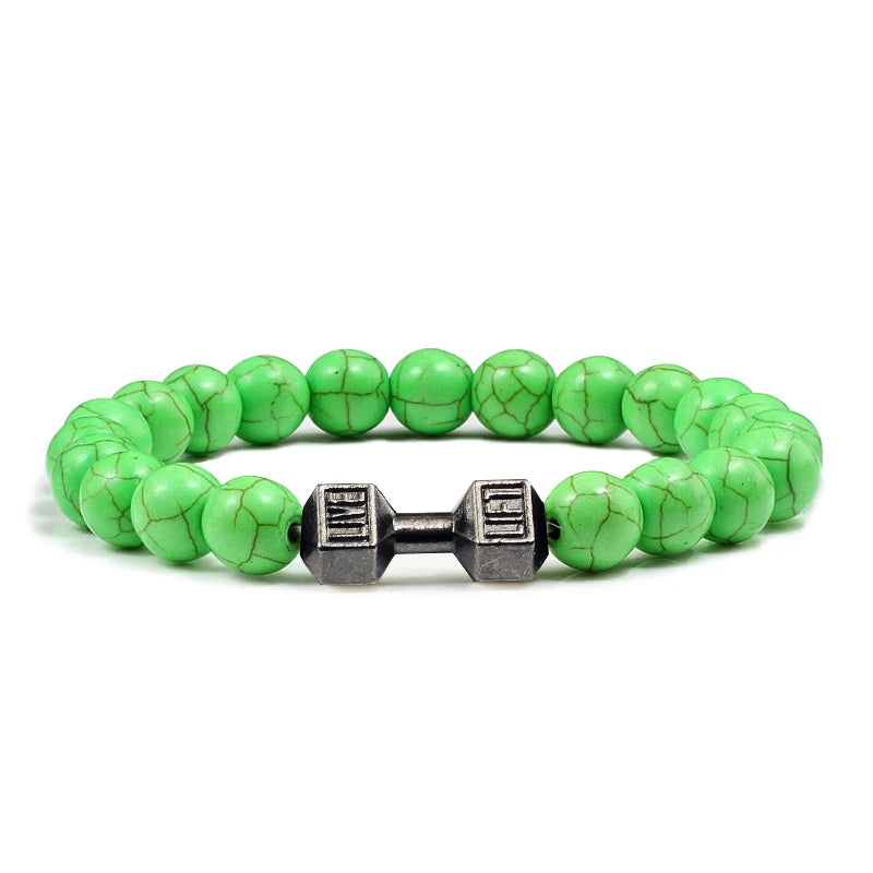 Bracelet en pierre volcanique naturelle Hommes Noir mat Lave Blanc Perles Breloque Haltère Brins Bracelets Femmes Barre Fitness Bijoux
