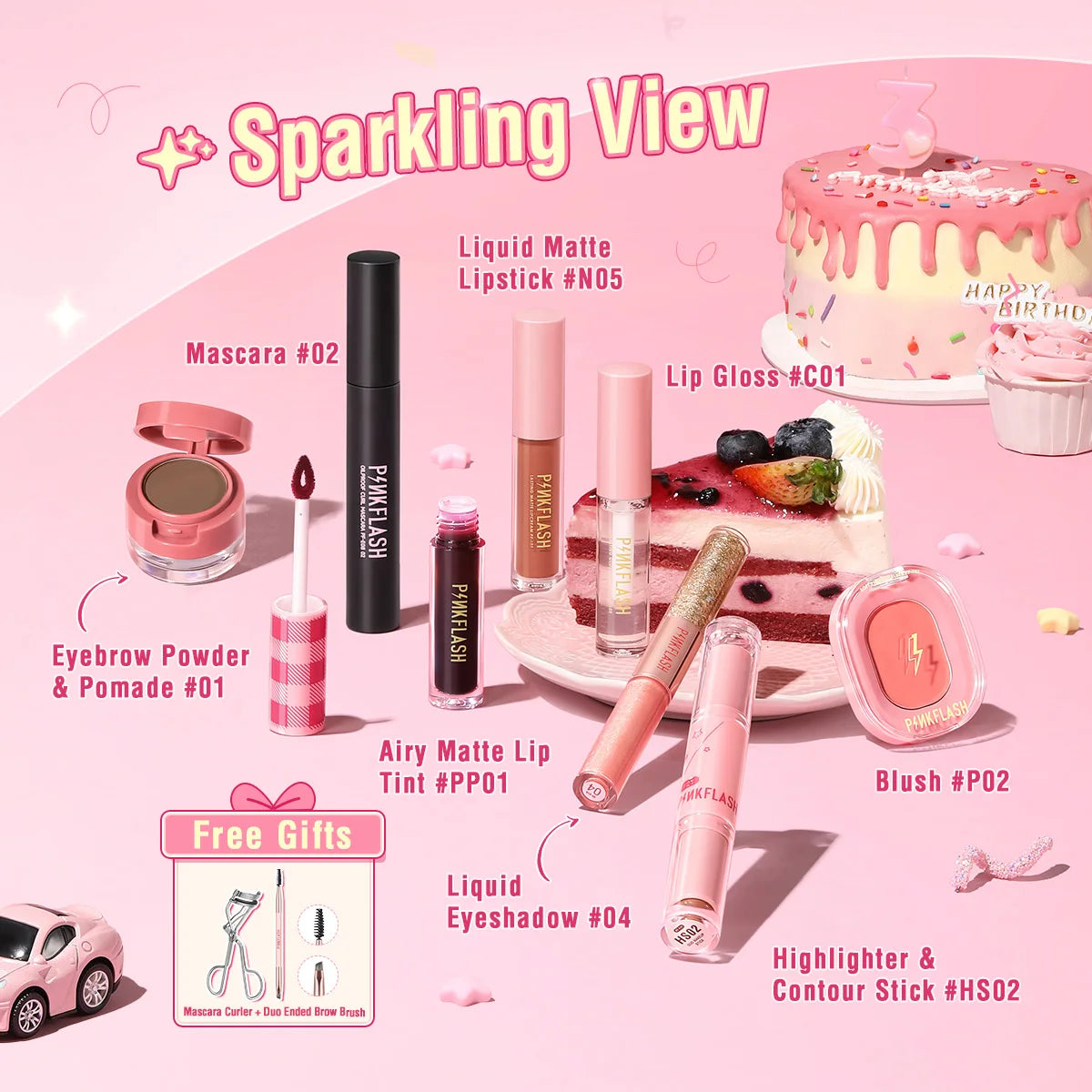 PINKFLASH 8 PCS Full Makeup Set Foundation Concealer Mascara Eyeliner Lipstick Cosmetics Kit for Women 3rd anniversary