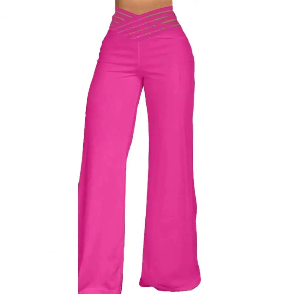 Hollow Wide Waistband Long Pants Women High Waist Solid Color Wide Leg Flared Trousers Yoga Sport Gym Pants