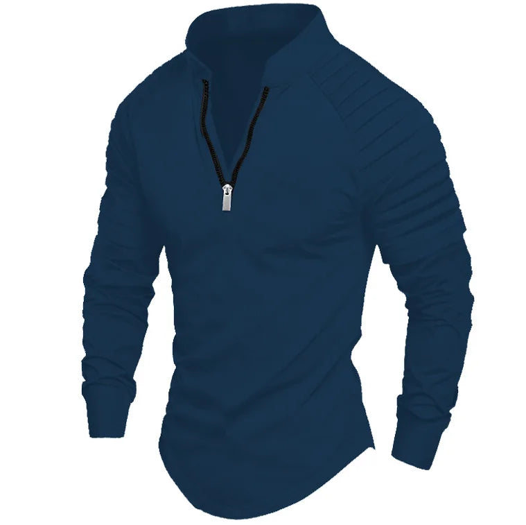 2024 Autumn men's half-zip long-sleeved Polo shirt arm pleats fashion stand-up collar top sweatshirt