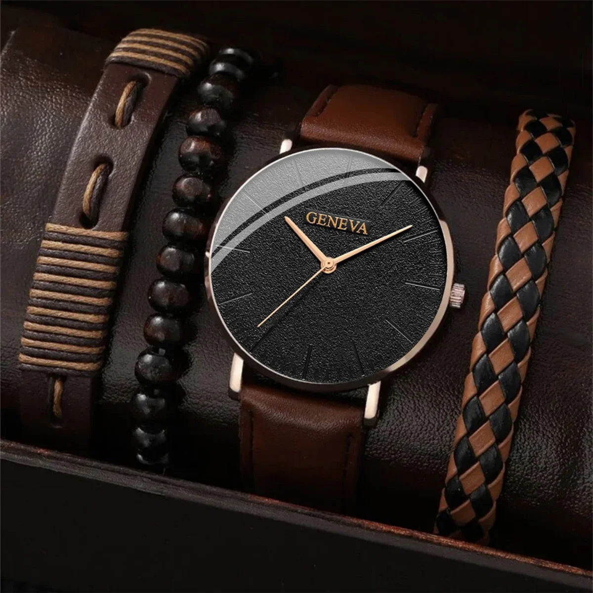 Montre Luxe Bracelet Ensemble Mode Entreprise Marron Cuir Quartz Poignets Montres pour Hommes Coffret Cadeau Relogio Masculino NO BOX