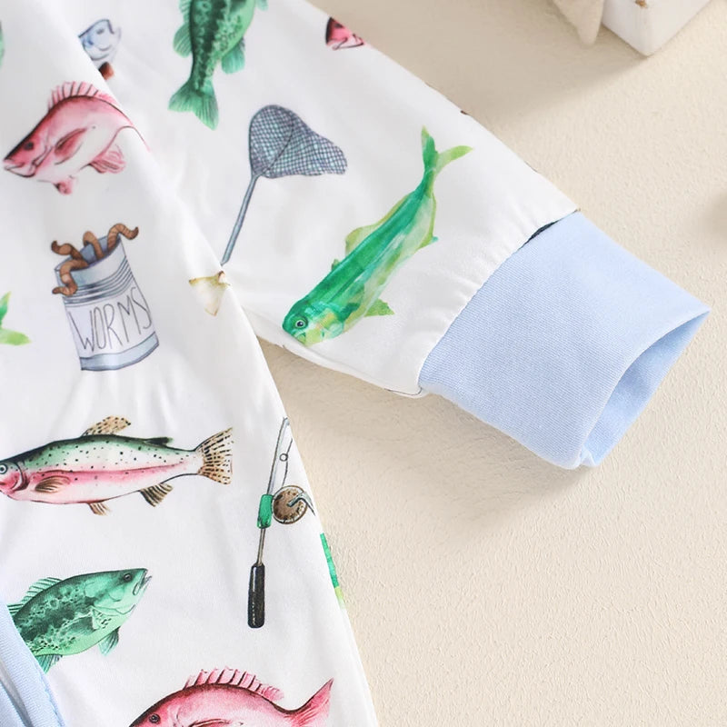 Barboteuse décontractée à manches longues pour bébés garçons, combinaison à fermeture éclair oblique, imprimé poisson, col rond, automne, 2024-05-31