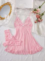 Ensemble de Lingerie Sexy pour femmes, soutien-gorge érotique, chemise de nuit, vêtements de nuit en dentelle, couleur unie, Slim, robes douces, col en V, Slip complet, vêtements de nuit et robes