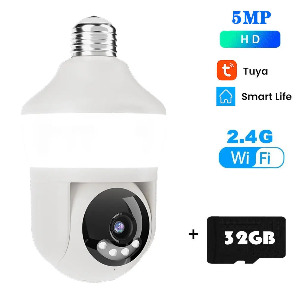 Tuya E27 ampoule double écran WiFi caméra 5MP intérieur 5x Zoom PTZ caméra de sécurité IR couleur Vision nocturne Surveillance sans fil