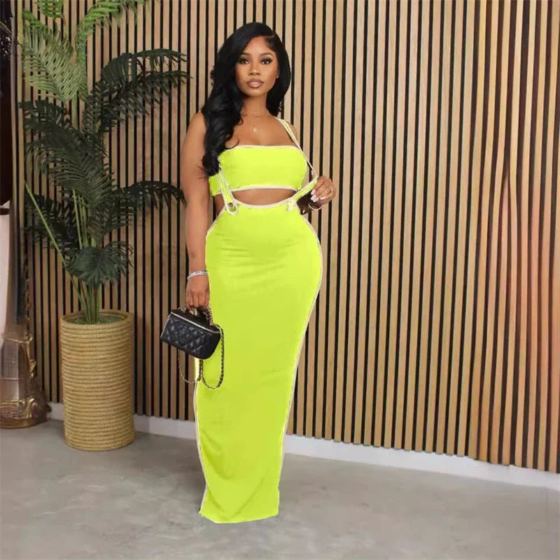 Robe longue de soirée sexy pour femme, ensemble 2 pièces, tenue de vacances, haut court sans bretelles et jupes maxi, ensembles assortis, vêtements de fête