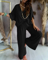 Été décontracté ample deux pièces ensemble femmes mode col en v pantalons ensembles femmes élégant manches chauve-souris Homewear tenues 2 pièces ensembles
