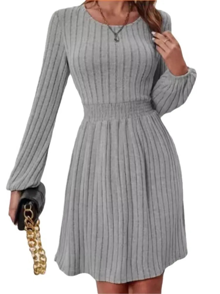 Printemps automne femmes nouveau Style Pit Bar col rond à la mode petite lanterne poignets tirant dos taille a-ligne robe mi-longue