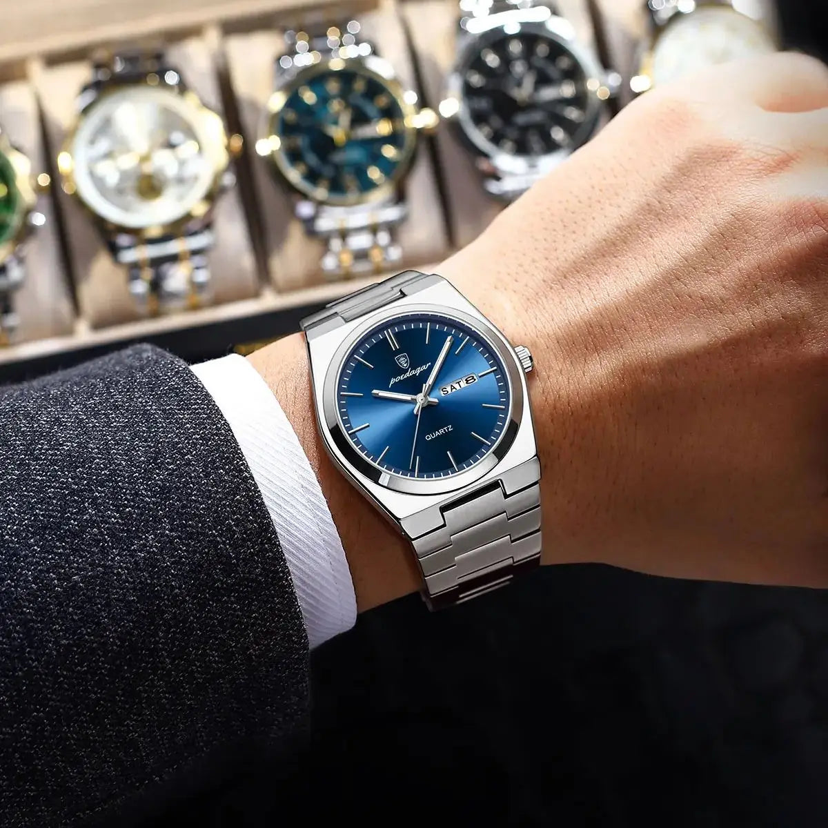 POEDAGAR Montre de luxe pour homme étanche lumineux Date Semaine en acier inoxydable Hommes Montre Casual Quartz Montres pour hommes Horloge masculine + boîte