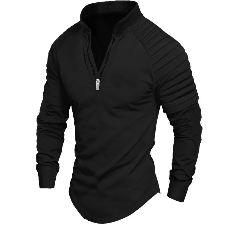 2024 Autumn men's half-zip long-sleeved Polo shirt arm pleats fashion stand-up collar top sweatshirt