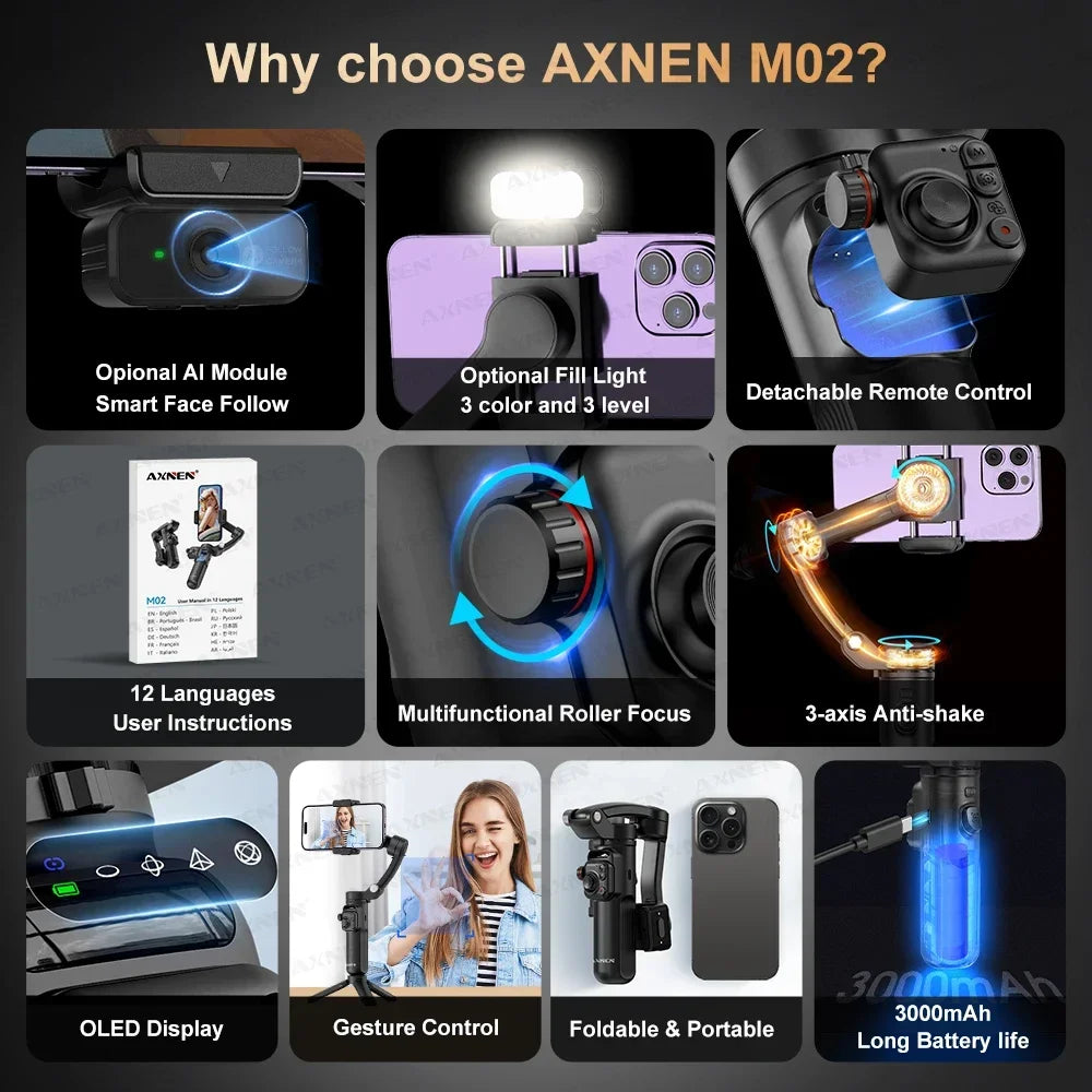 AXNEN M02 stabilisateur de Smartphone à cardan 3 axes Anti-secouement enregistrement vidéo jumelles de Selfie portables pour iPhone Android suivi du visage