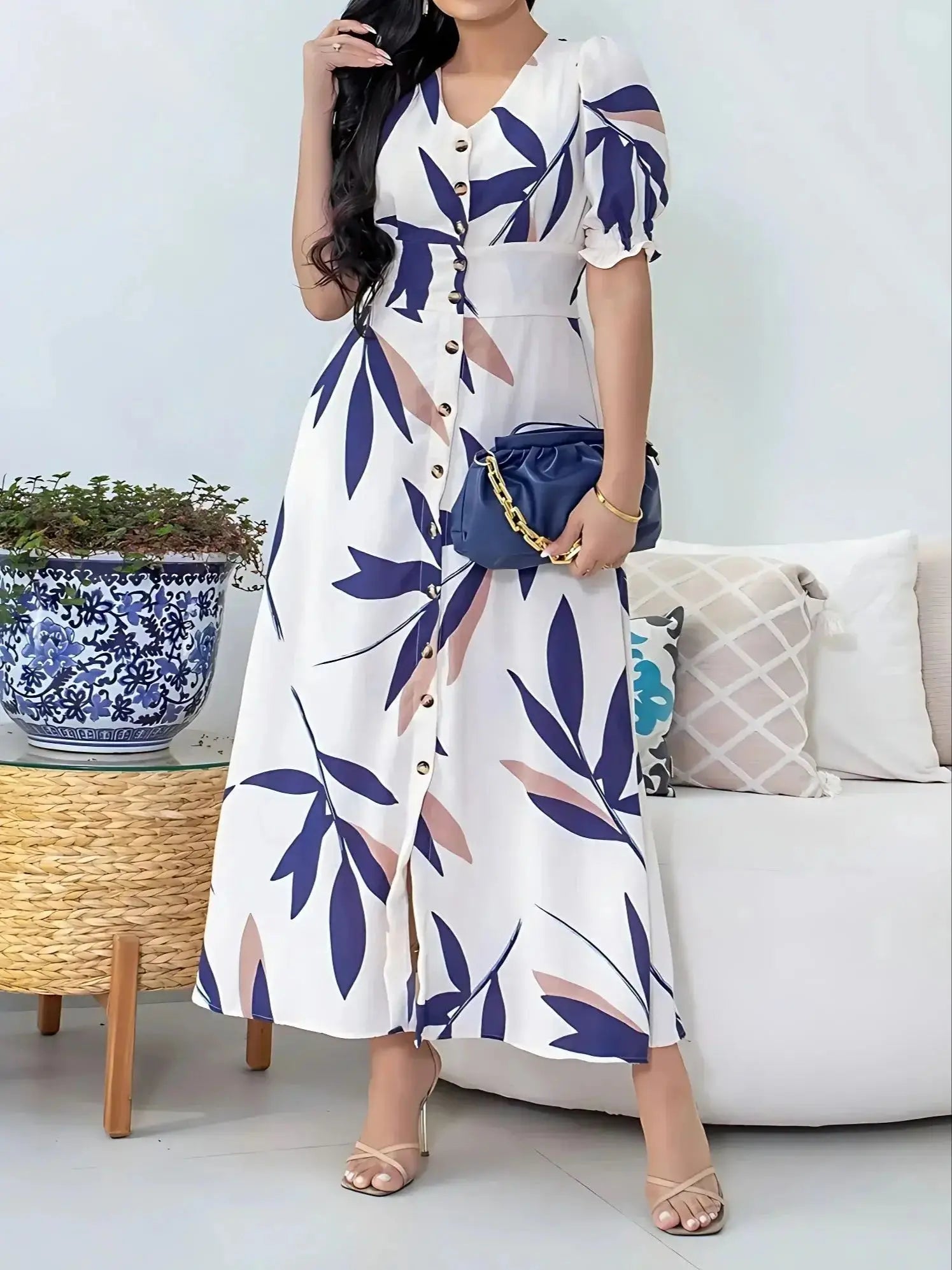 Leaves Print Single Breasted Dress, Elegant V-neck Aline Short Sleeve Dress For Spring & Summer, Women's Clothing