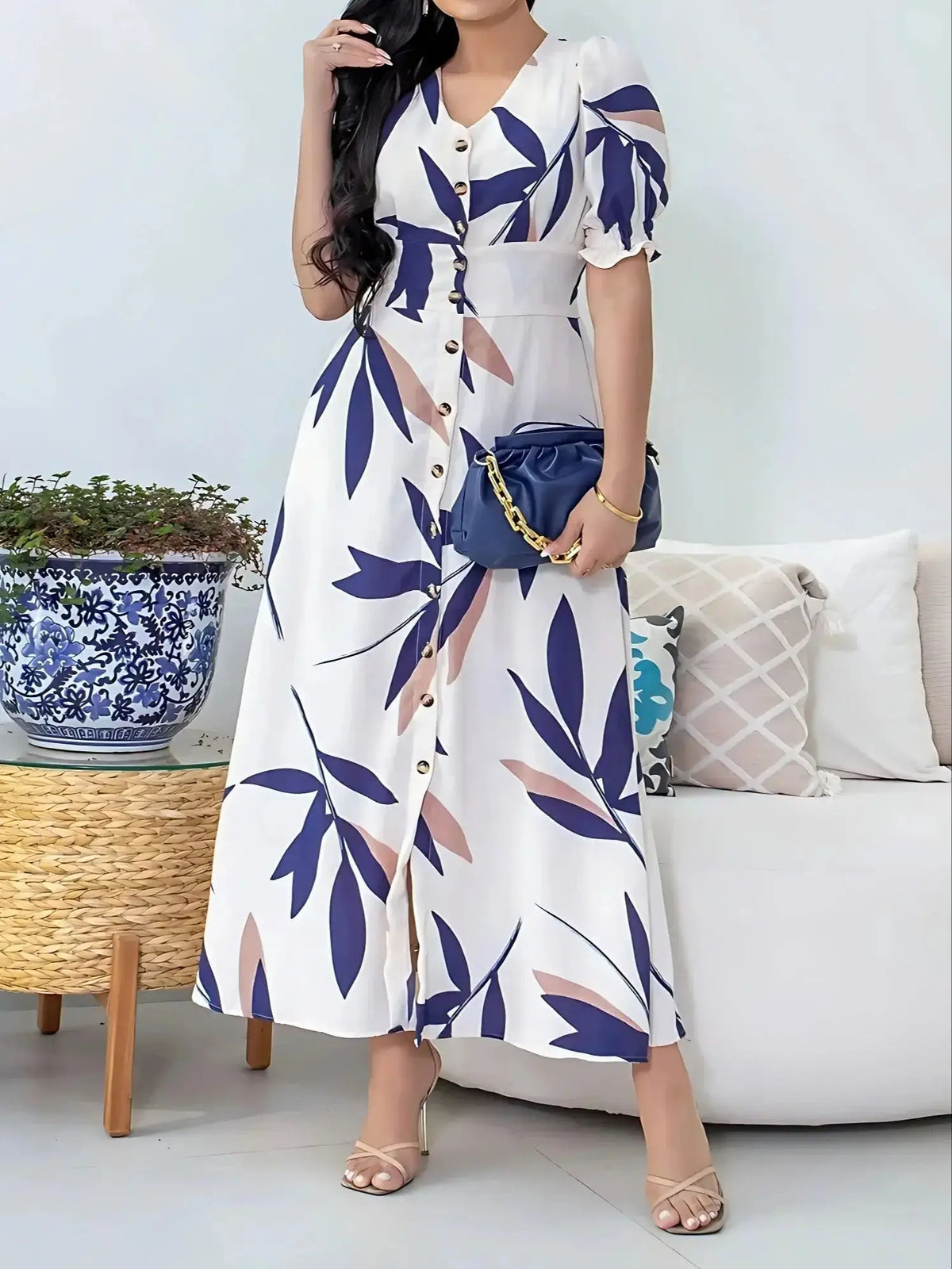 Robe à simple boutonnage imprimée feuilles, robe élégante à manches courtes Aline à col en v pour le printemps et l'été, vêtements pour femmes