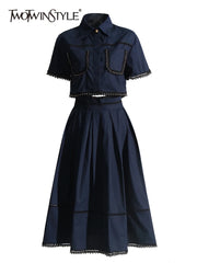 TWOTWINSTYLE – ensemble deux pièces pour femmes, couleur unie, haut à manches courtes, taille haute, jupe trapèze, Slim, mode féminine, nouveau, été