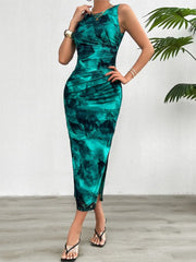 Robe moulante sans manches pour femmes, nouvelle mode imprimée, col rond, amincissante, avec fond fendu, printemps été 2024