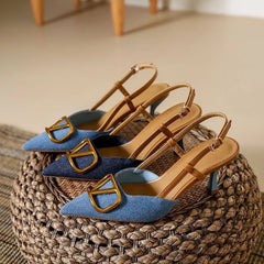 Rétro talons hauts 2025 nouveau français bouche légère tête pointue talon mince femmes Denim sandales à talons hauts sac d'été tête