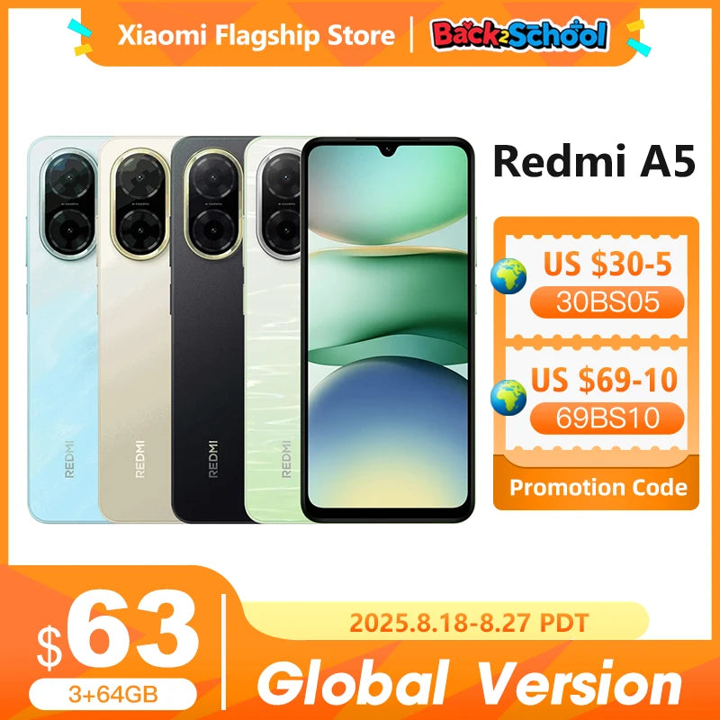 Version mondiale Xiaomi Redmi A5 Smartphone 32MP AI double caméra 6.88 "affichage UNISOC T7250 CPU 5200mAh batterie 15W charge rapide