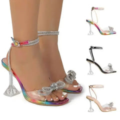 Strass nœud papillon femmes sandales PVC gelée Transparent Perspex talons hauts été Sexy bout carré sangle chaussures grande taille