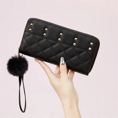 Portefeuille en cuir PU à rivets pour femmes, sac mobile à fermeture éclair, sac à cartes multiples, sac à main à longue pochette pour dames, grande capacité