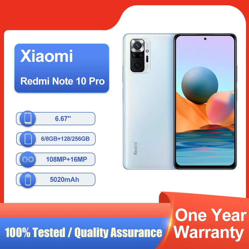 Xiaomi Redmi Note 10 Pro 4G smartphone 108MP caméra mondiale rom Qualcomm empreinte digitale 5020mAh téléphone utilisé
