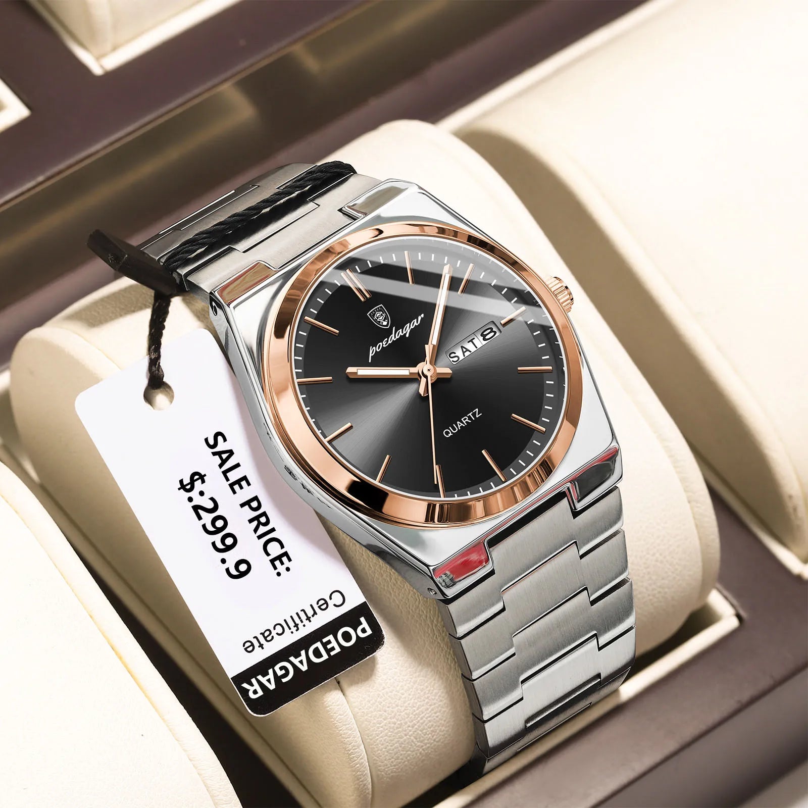 POEDAGAR Montre de luxe pour homme étanche lumineux Date Semaine en acier inoxydable Hommes Montre Casual Quartz Montres pour hommes Horloge masculine + boîte