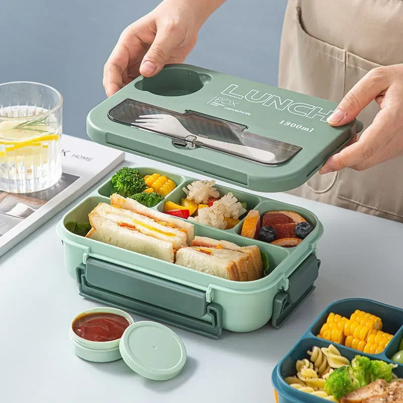 Boîte à déjeuner Portable à compartiment de 1300ML, boîte à Bento de bureau pour enfants étudiants avec fourchette et cuillère, récipient de stockage des aliments pour micro-ondes