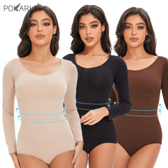 POKARLA Spandex élastique Body costume Shapewear femmes corps Shaper ventre contrôle à manches longues ouvert entrejambe col rond sans couture Shapers